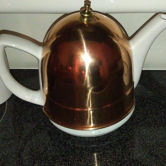 Exc Vtg Teapot w.copper thermal cover tea steeper 3 Homer Laughlin teacups bonus - Picture 2 of 14